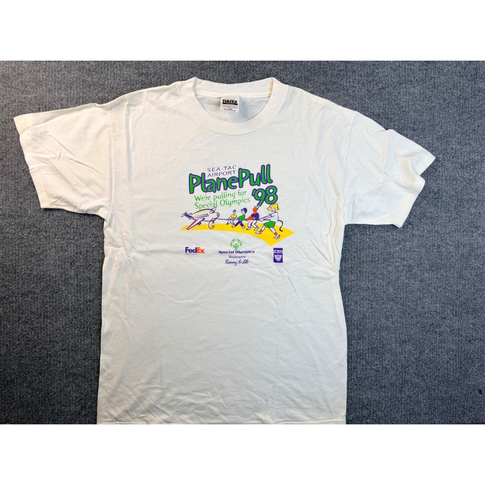 Vintage 98 Sea-Tac Plane Pull Special Olympics T-Shirt Large White Tultex FedEx